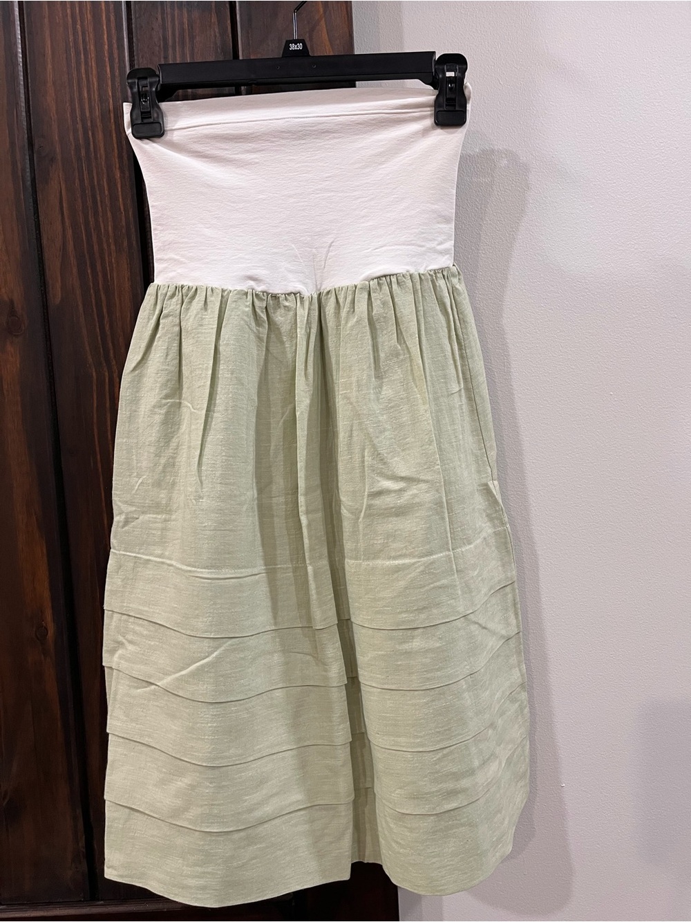 Theory Strapless Silk Linen Blend Midi Dress Sage Green White Bodice Made USA
